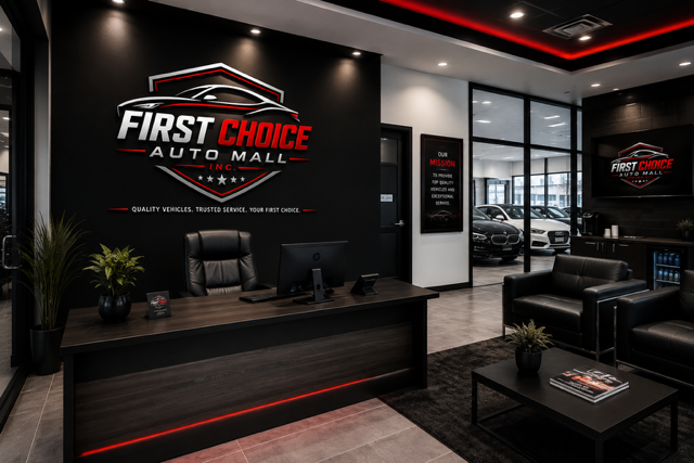 Inside the First Choice Auto Mall Inc office and customer lounge